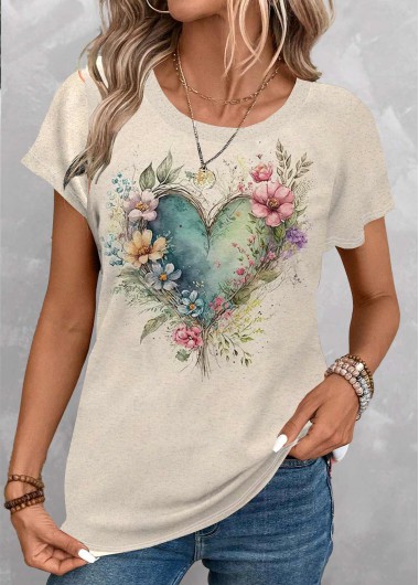 Light Camel tops,Floral tops,Plants tops,Heart tops,ROTITA Floral Print Light Camel Round Neck T Shirt