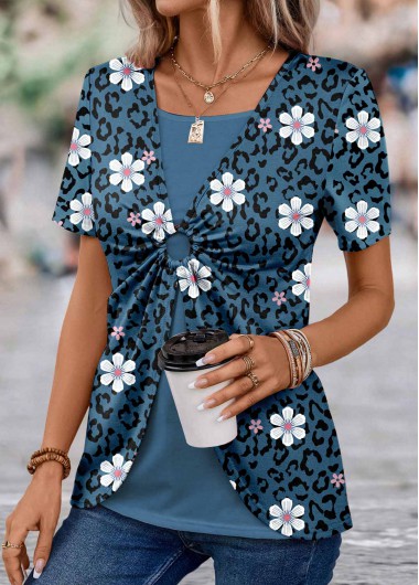 Peacock Blue tops,Floral tops,Plants tops,ROTITA Floral Print Peacock Blue T Shirt