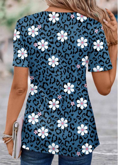 Peacock Blue tops,Floral tops,Plants tops,ROTITA Floral Print Peacock Blue T Shirt