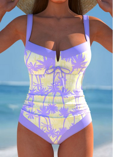 Light Purple swimwear,Plants swimwear,ROTITA Cut Out Light Purple One Piece Swimwear