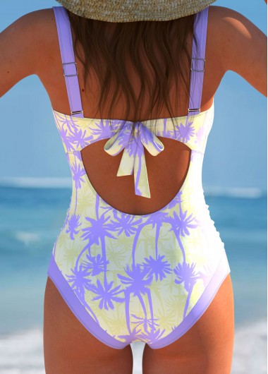 Light Purple swimwear,Plants swimwear,ROTITA Cut Out Light Purple One Piece Swimwear