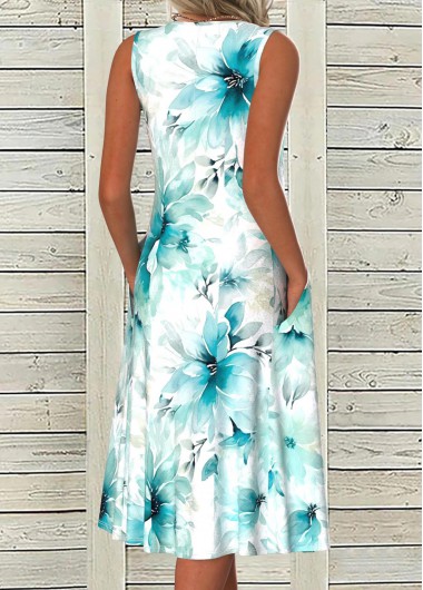 Blue dresses,Floral dresses,Plants dresses,Everyday dresses,Casual dresses,ROTITA Plus Size Tummy Coverage Floral Print Blue Sleeveless Dress