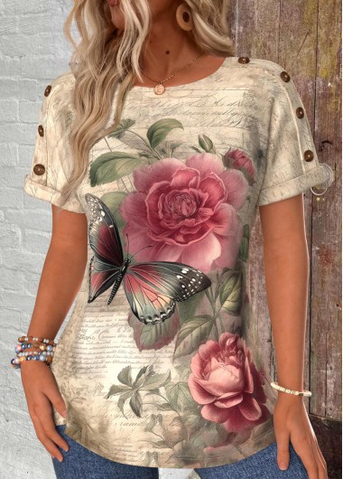 Light Camel tops,Floral tops,Plants tops,Animal Print tops,ROTITA Button Floral Print Light Camel Round Neck T Shirt