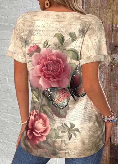 Light Camel tops,Floral tops,Plants tops,Animal Print tops,ROTITA Button Floral Print Light Camel Round Neck T Shirt