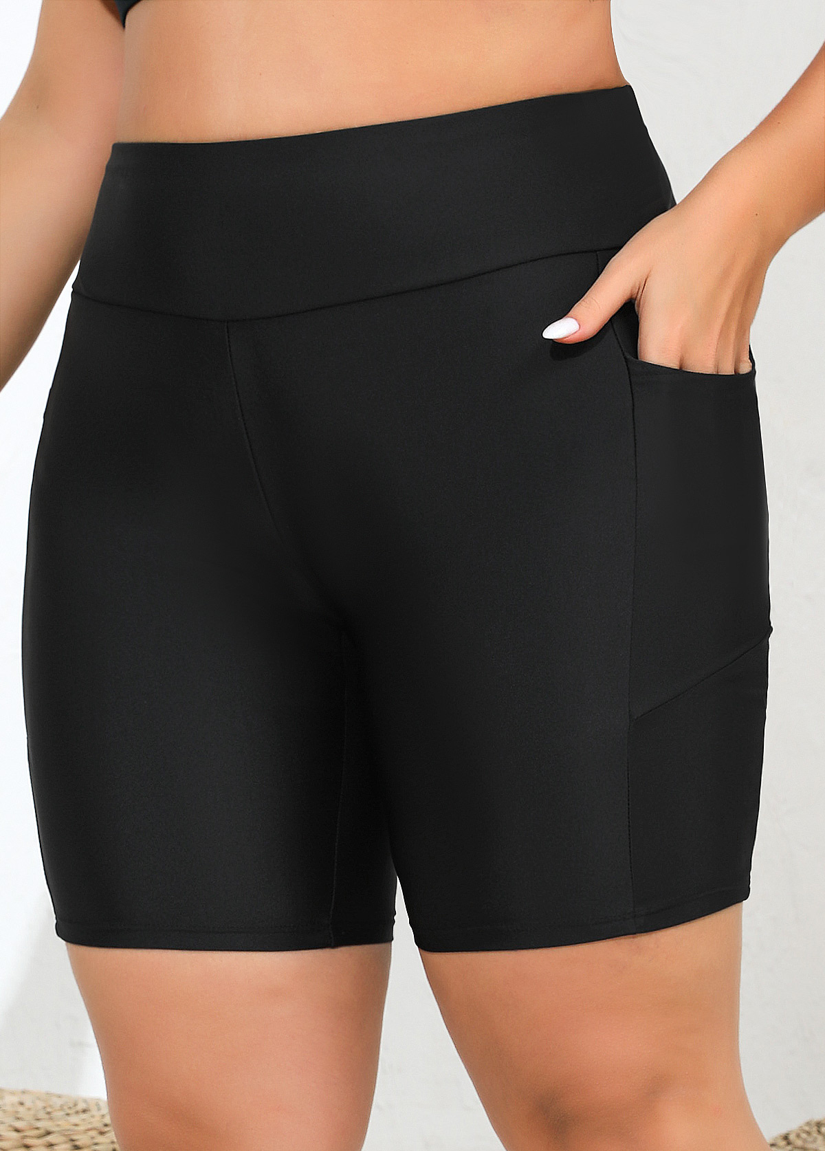 ROTITA Plus Size Pocket Black High Waisted Skinny Swim Shorts