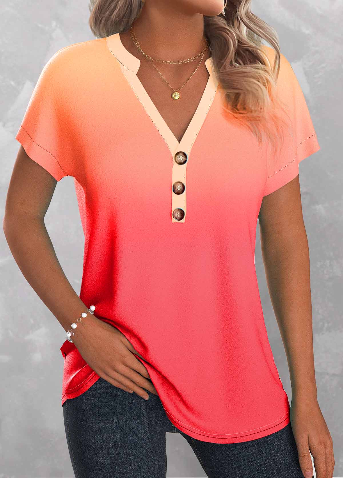 Peach Red tops,Ombre tops,ROTITA Button Ombre Peach Red Split Neck T Shirt