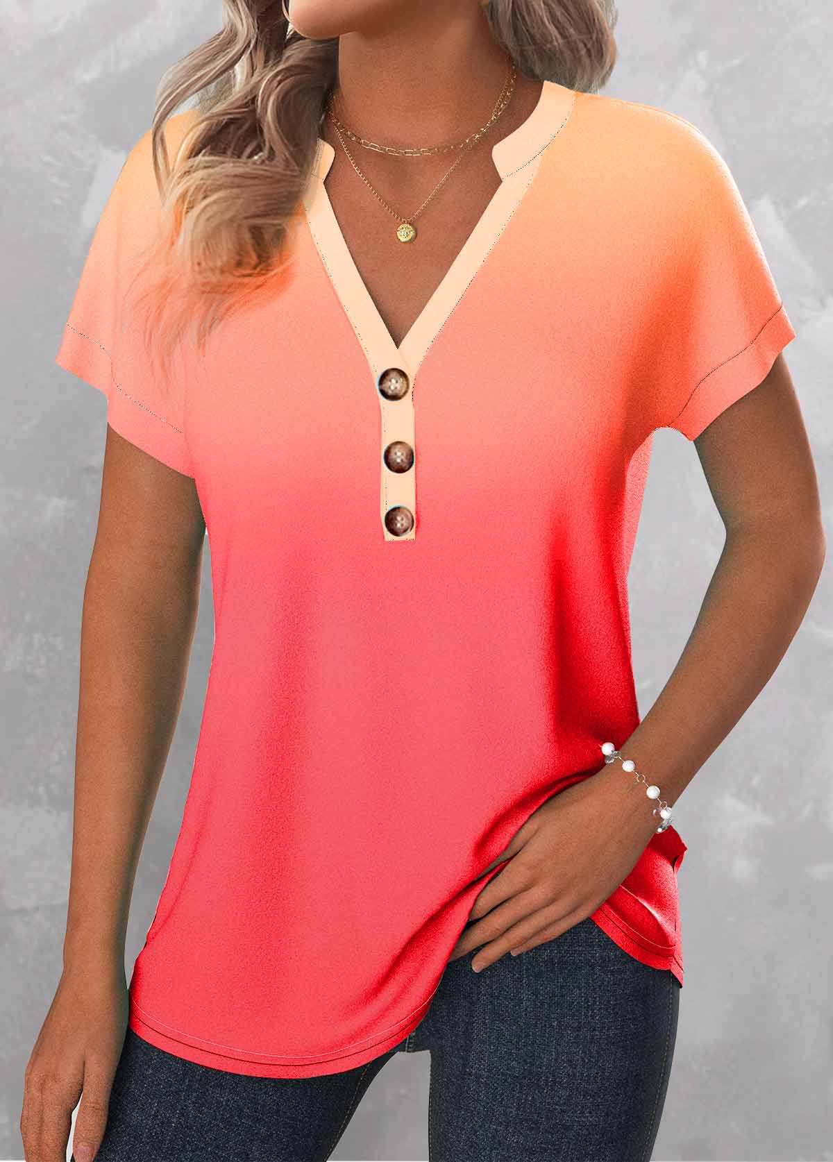 Peach Red tops,Ombre tops,ROTITA Button Ombre Peach Red Split Neck T Shirt