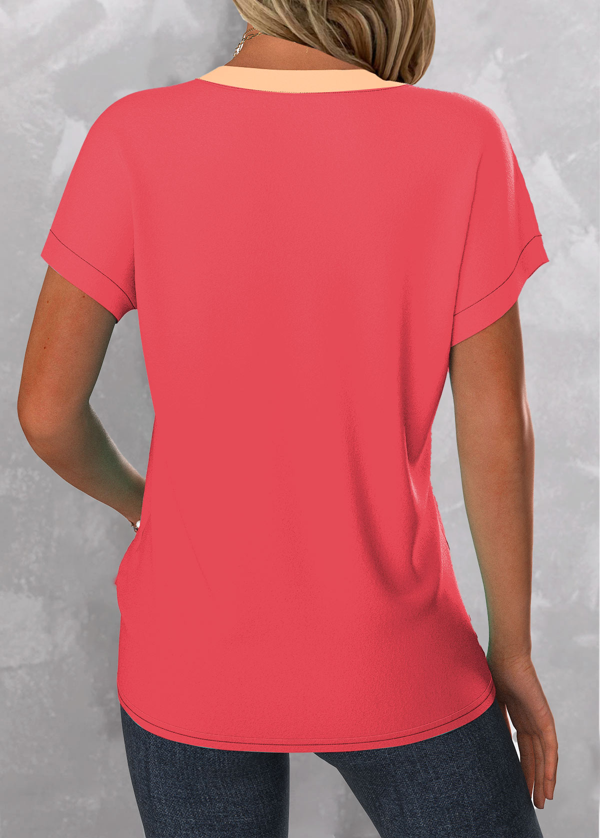 Peach Red tops,Ombre tops,ROTITA Button Ombre Peach Red Split Neck T Shirt