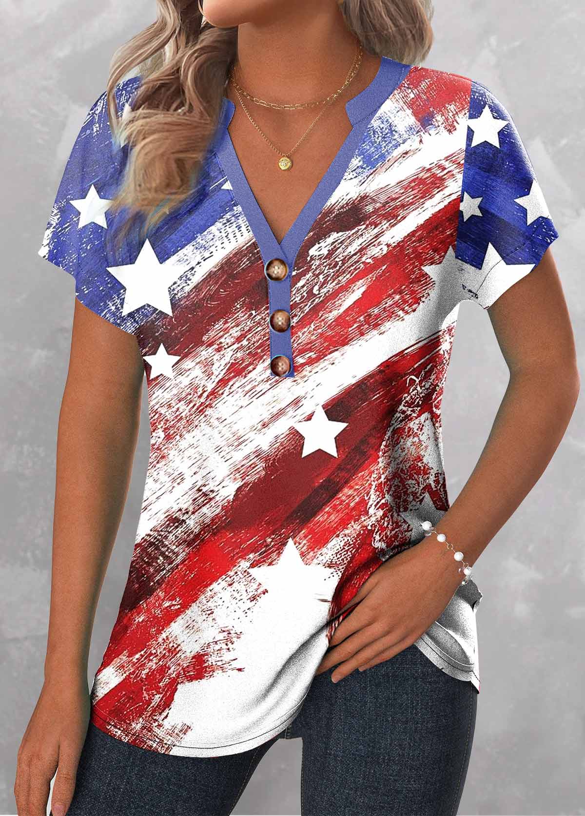 Multi Color tops,Flag tops,ROTITA Button Flag Print Multi Color T Shirt