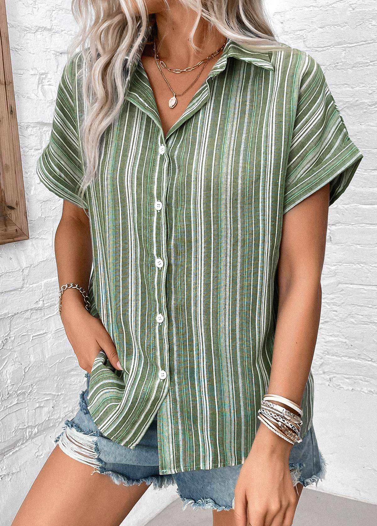 ROTITA Button Striped Sage Green Shirt Collar Blouse
