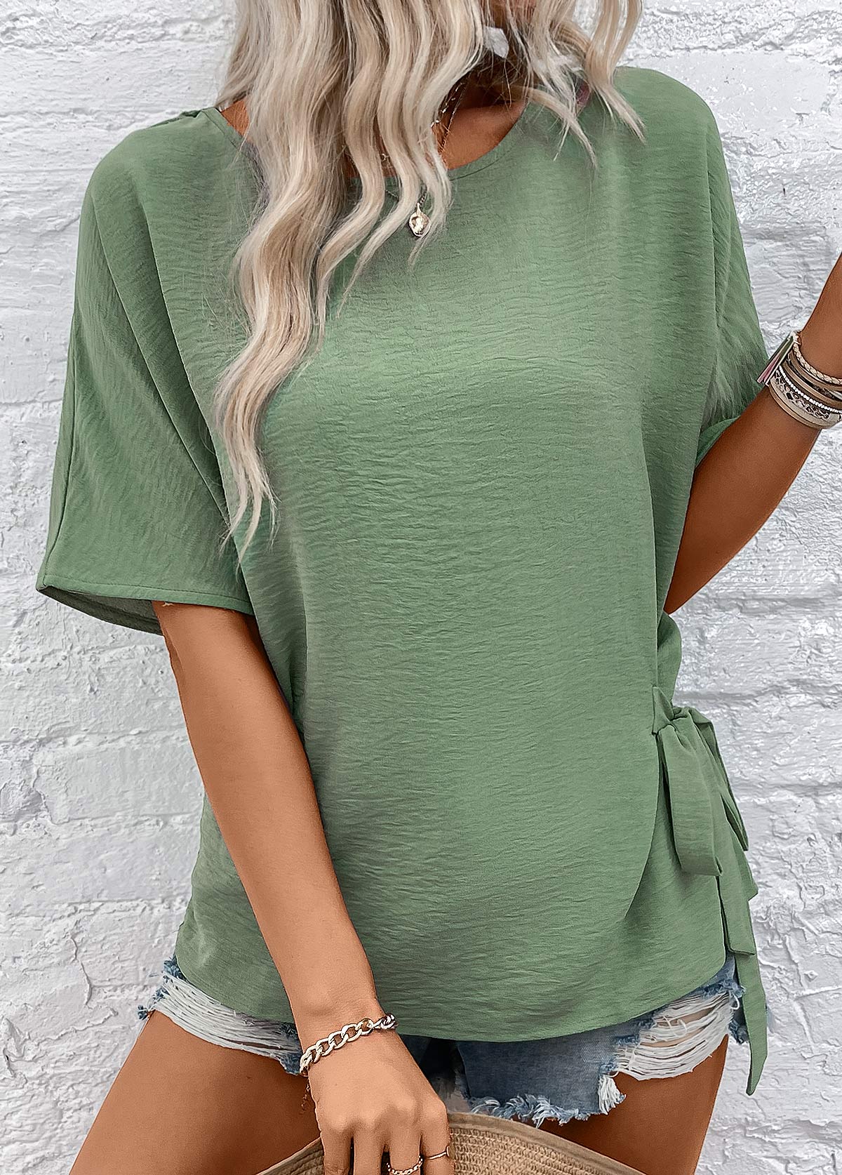 Bowknot Green Round Neck Half Sleeve Blouse