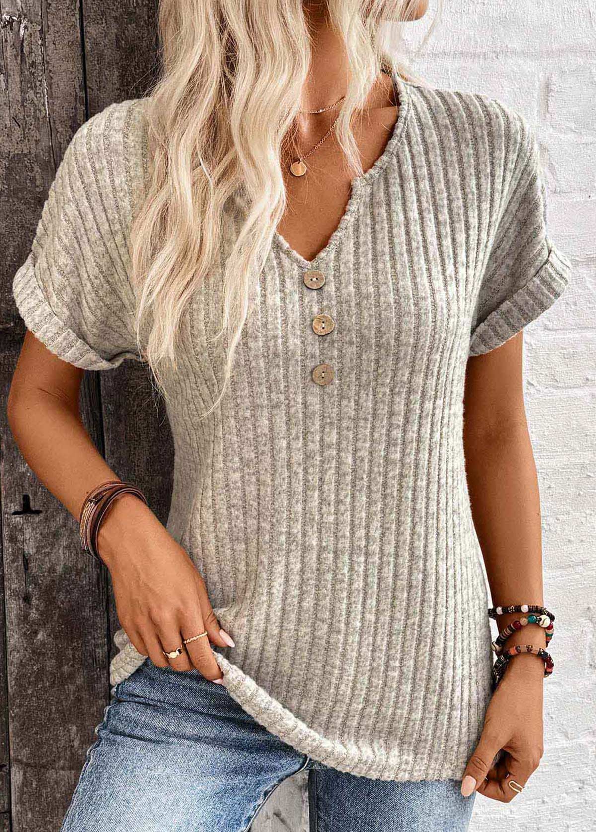 Light Camel tops,Plain Color tops,ROTITA Button Light Camel Split Neck Short Sleeve T Shirt