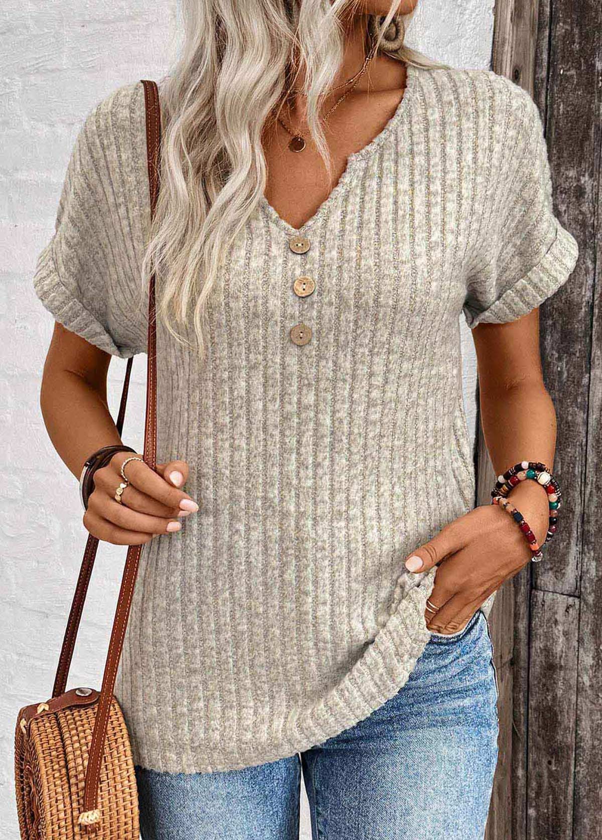 ROTITA Button Light Camel Split Neck Short Sleeve T Shirt