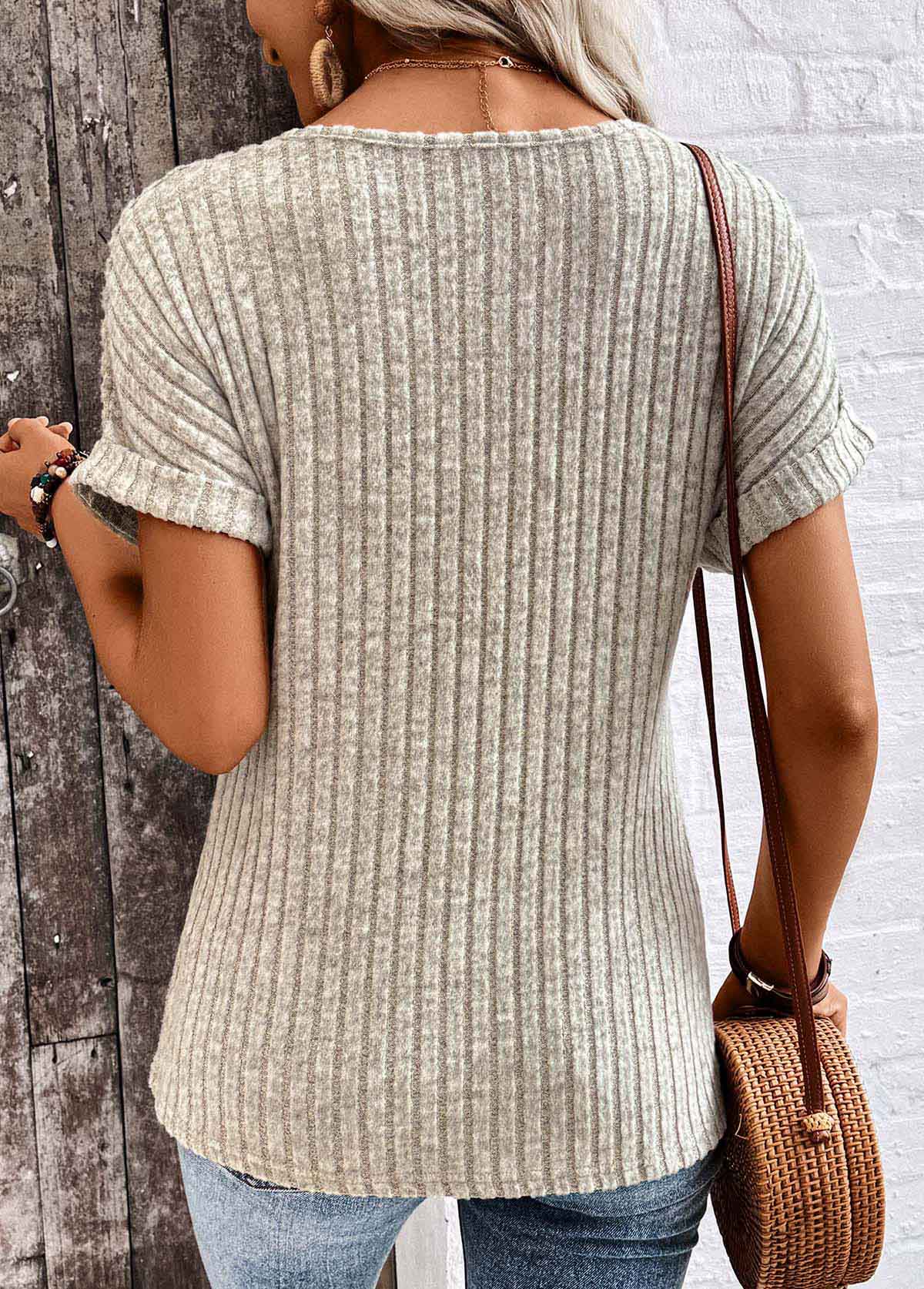 Light Camel tops,Plain Color tops,ROTITA Button Light Camel Split Neck Short Sleeve T Shirt