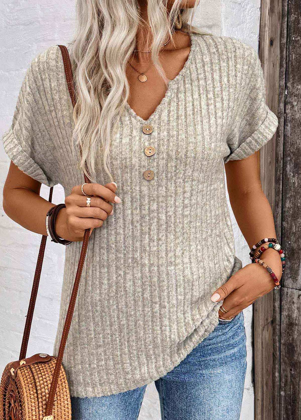 Light Camel tops,Plain Color tops,ROTITA Button Light Camel Split Neck Short Sleeve T Shirt