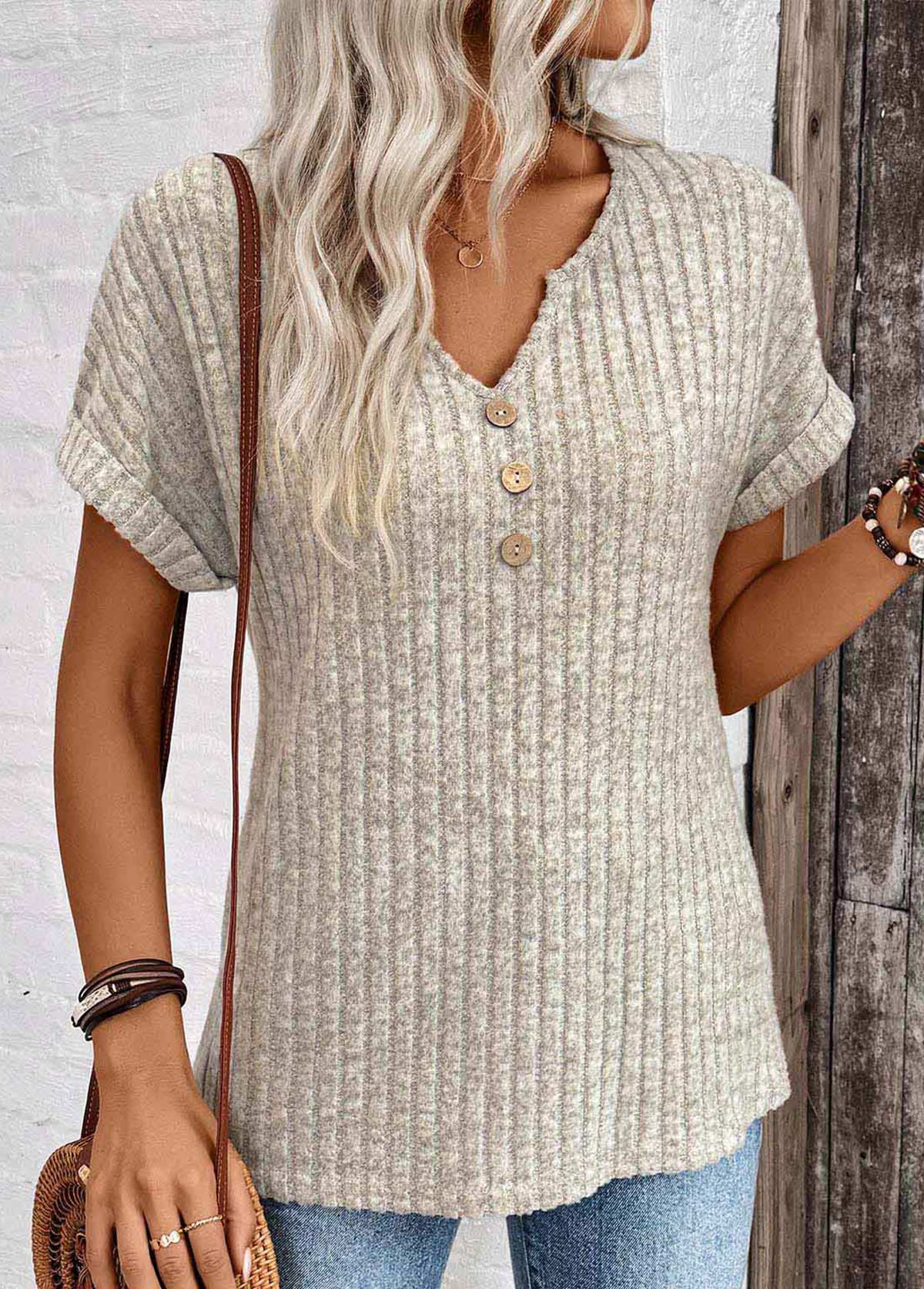 ROTITA Button Light Camel Split Neck Short Sleeve T Shirt