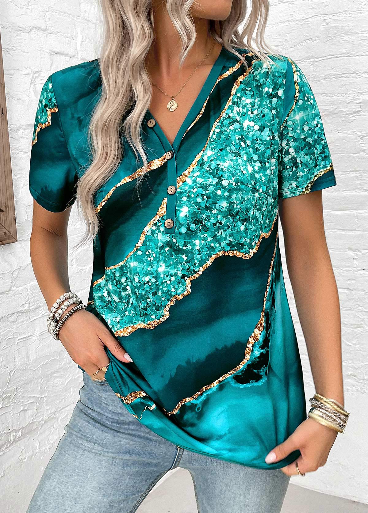 ROTITA Plus Size Button Turquoise Marble Print T Shirt