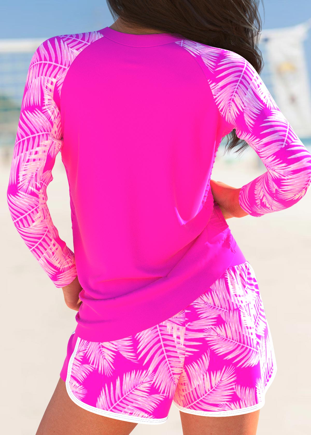 Hot Pink swimwear,Plants swimwear,ROTITA Jacquard Hot Pink Tropical Plants Print Tankini Set