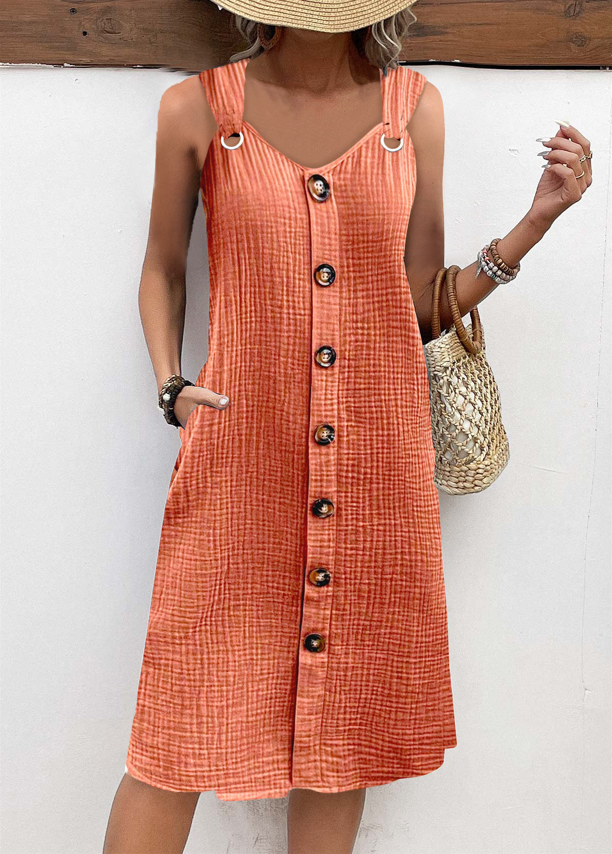 Orange dresses,Plain Color dresses,Everyday dresses,Casual dresses,ROTITA Breathable Orange A Line V Neck Sleeveless Dress