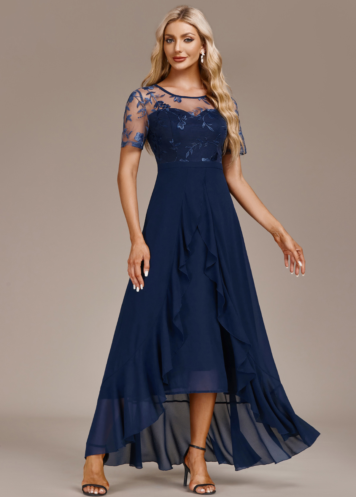 ROTITA Mesh Navy High Low Round Neck Short Sleeve Dress | Rotita.com ...