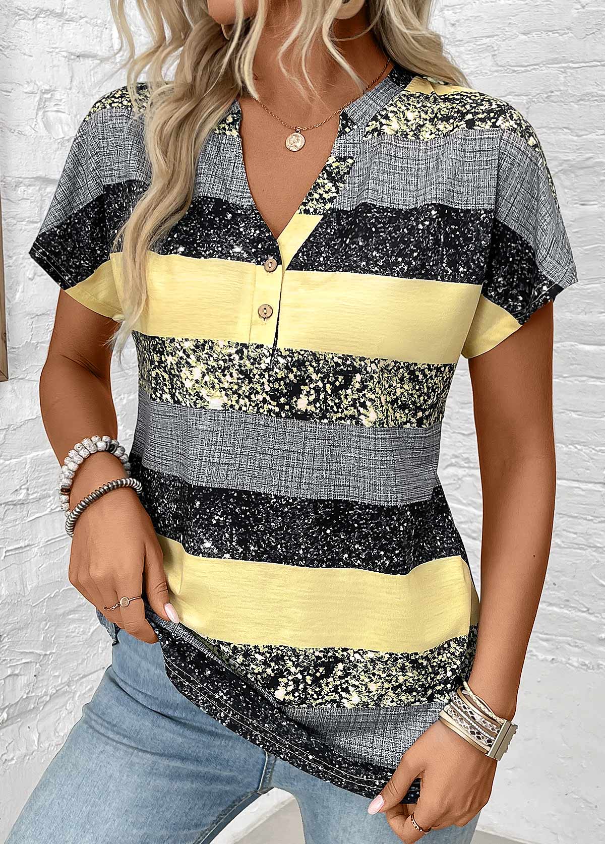 ROTITA Button Striped Light Yellow Split Neck Short Sleeve Blouse