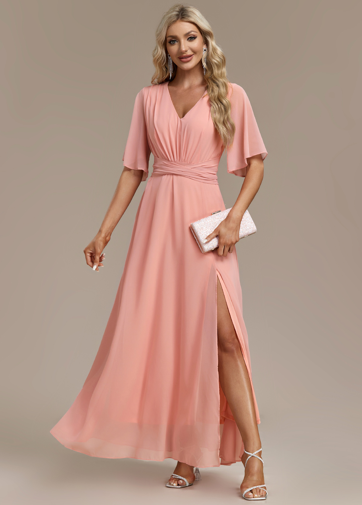Split Dusty Pink V Neck Half Sleeve Maxi Dress