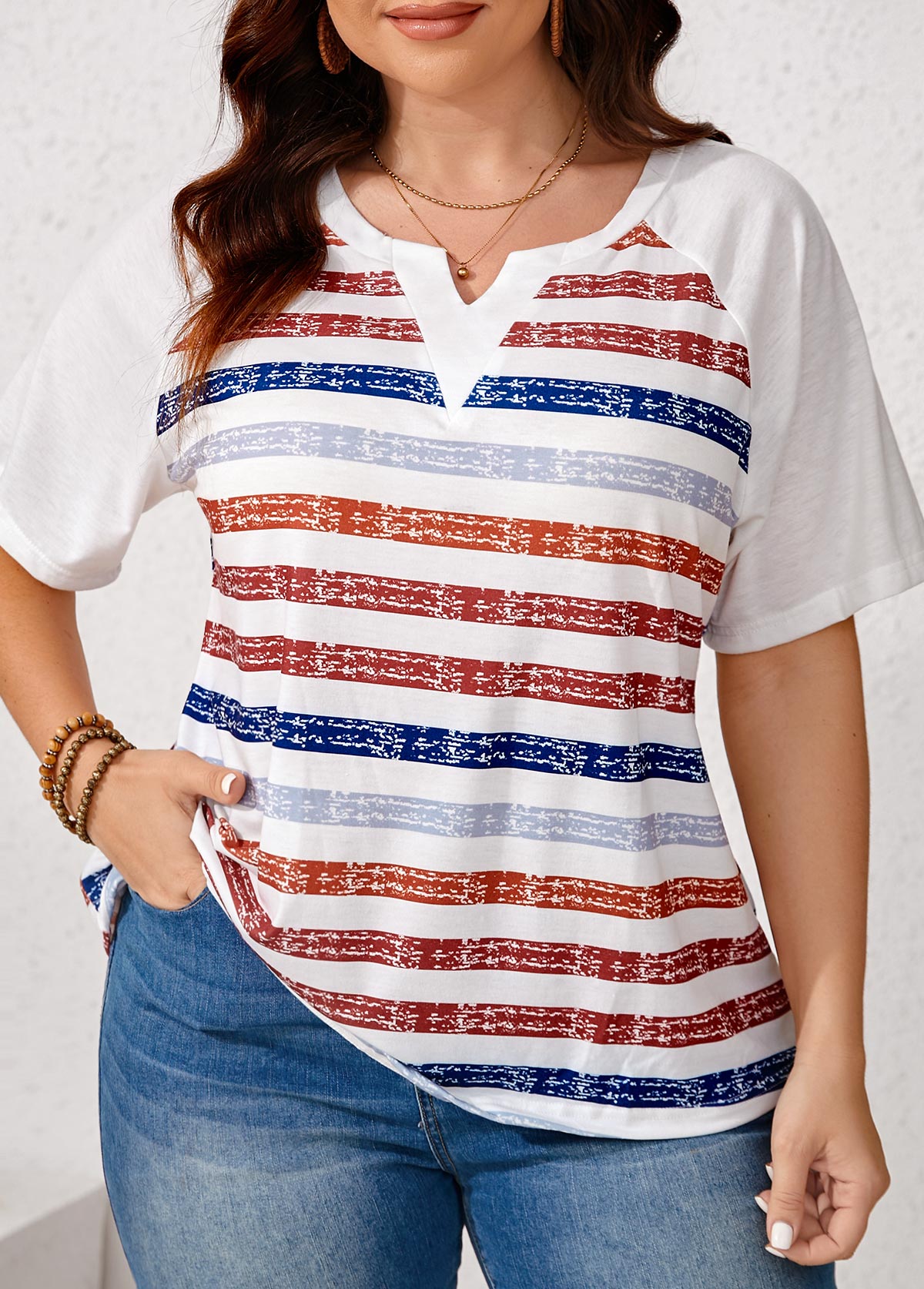 Plus Size Split White Striped Short Sleeve T Shirt