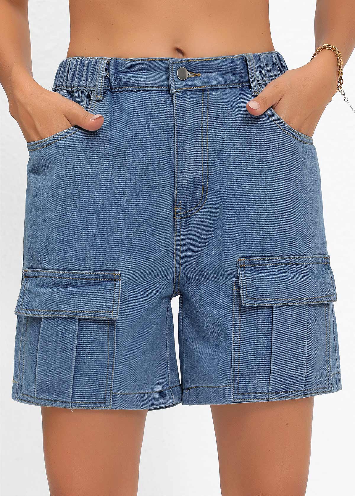 Double Side Pockets Button Fly Denim Blue Shorts