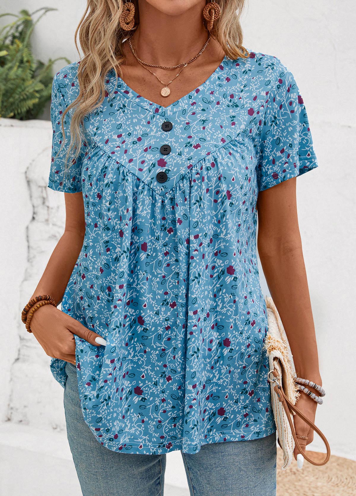 Button Ditsy Floral Print Dusty Blue T Shirt