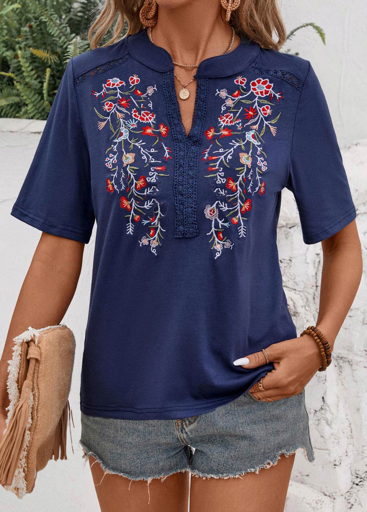 Patchwork Floral Print Navy Split Neck T Shirt