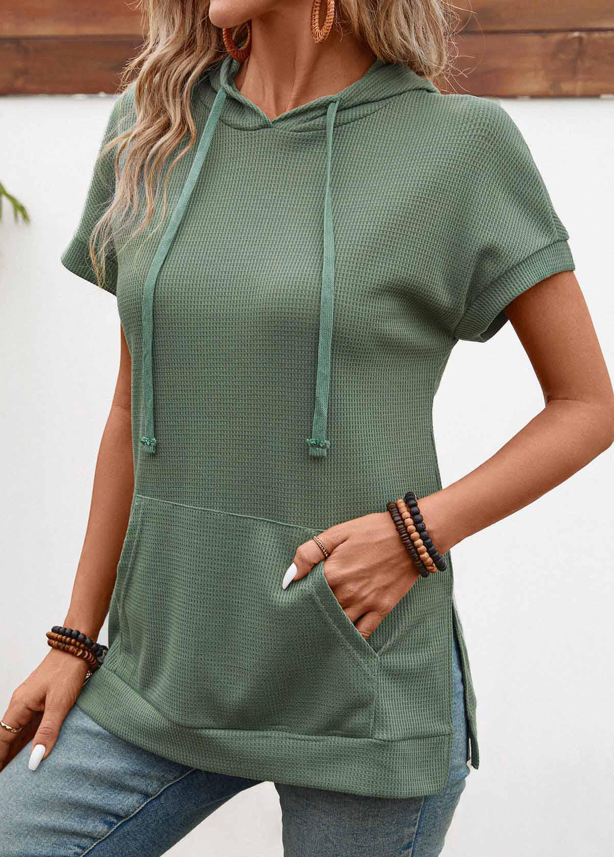 Pocket Sage Green Hooded Short Sleeve T Shirt