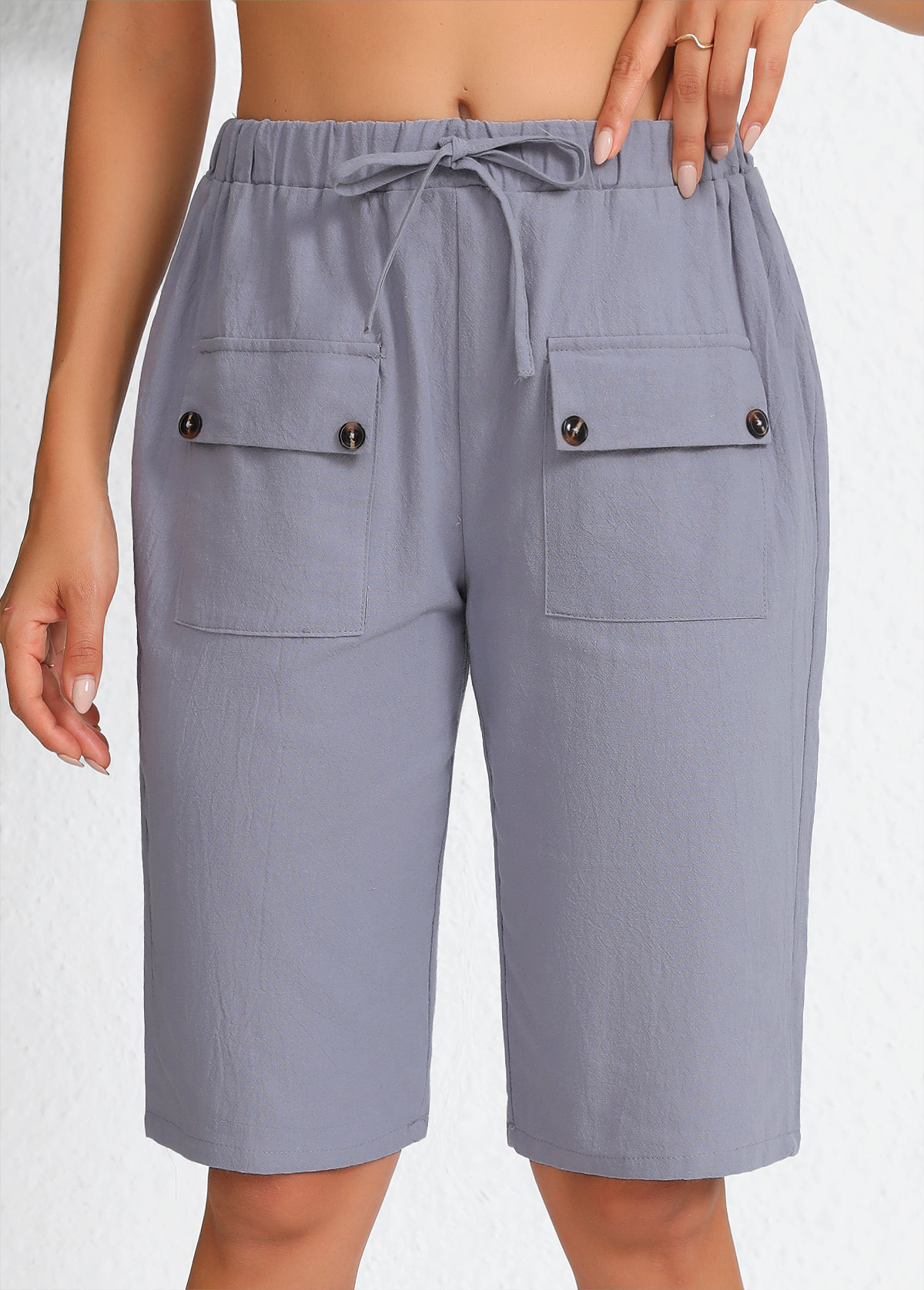 Double Side Pockets Grey Elastic Waist High Waisted Shorts