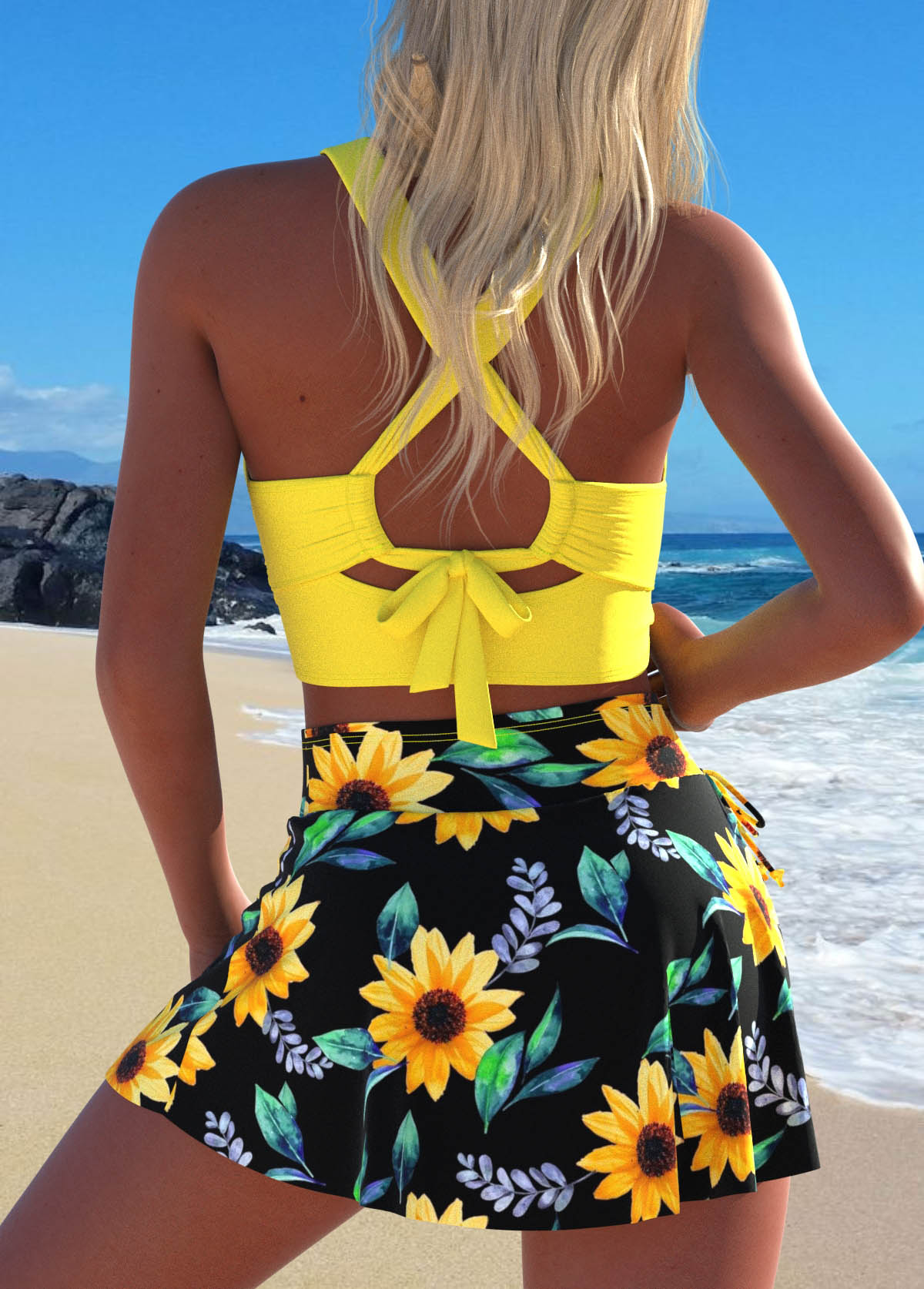 Yellow swimwear,Black swimwear,Plants swimwear,ROTITA Criss Cross Yellow Sunflower Print Bikini Set