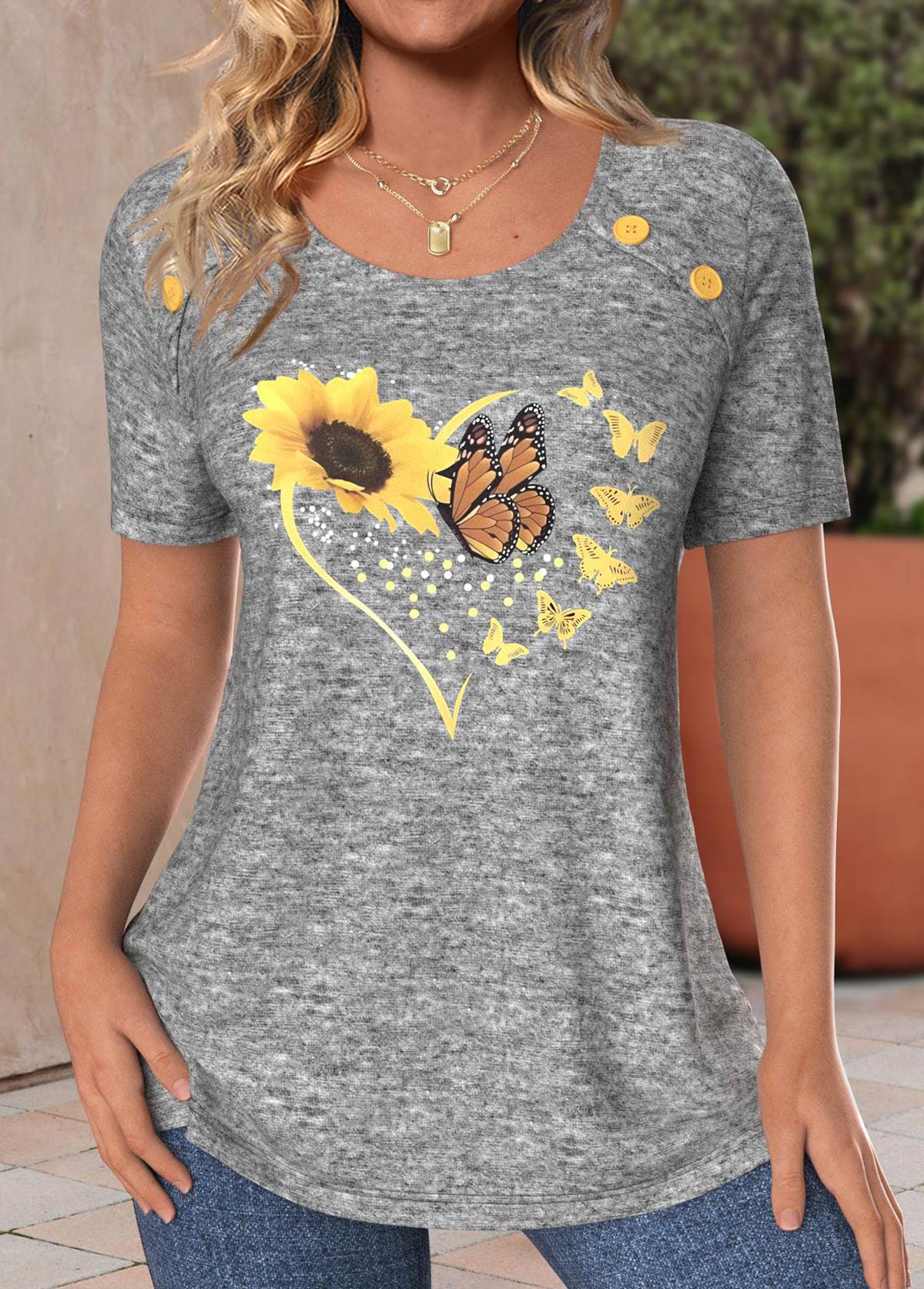 ROTITA Button Sunflower Print Light Grey Marl T Shirt