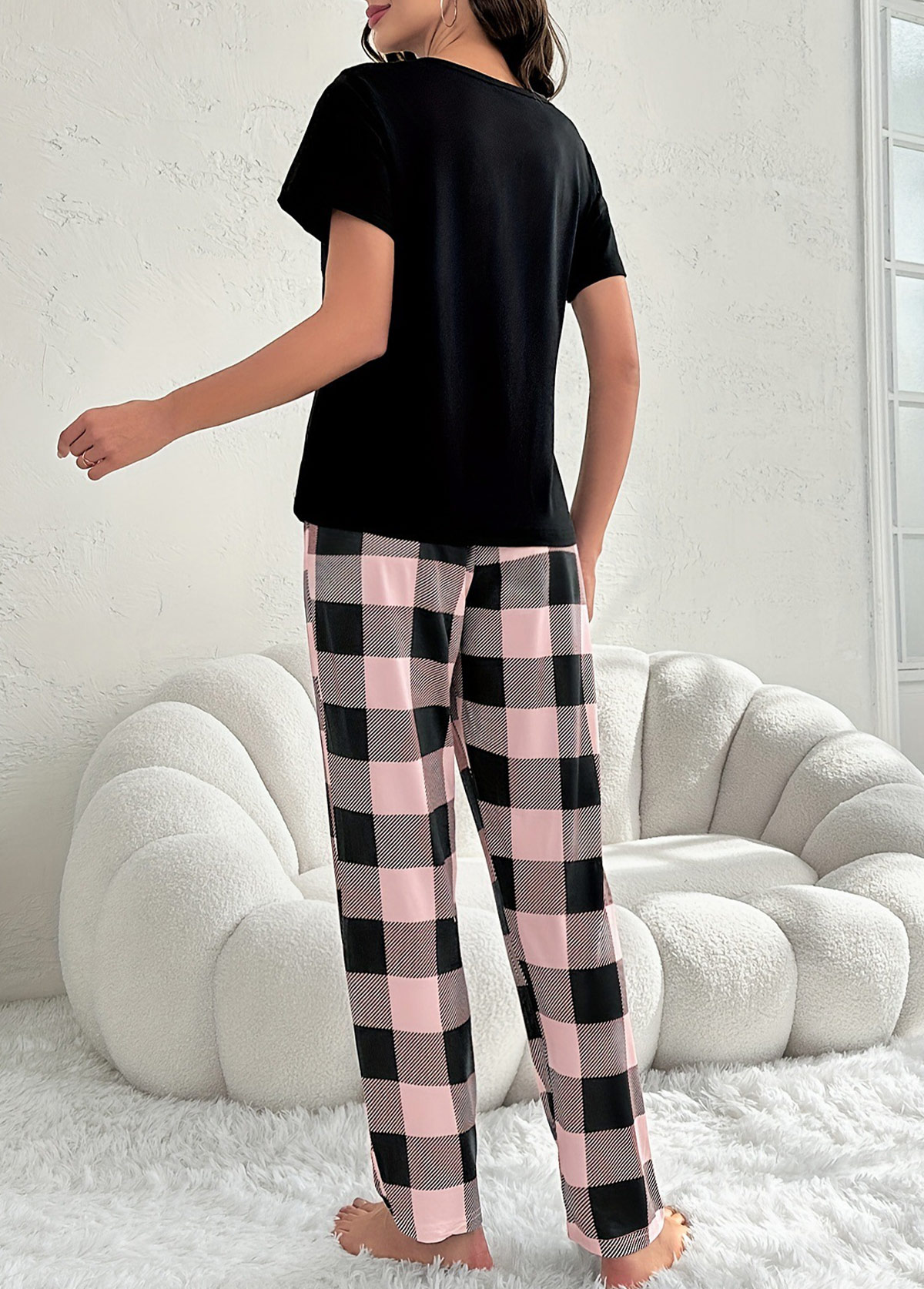 Black loungewear,Plaid loungewear,Plaid Black Round Neck Lounge Top and Pants