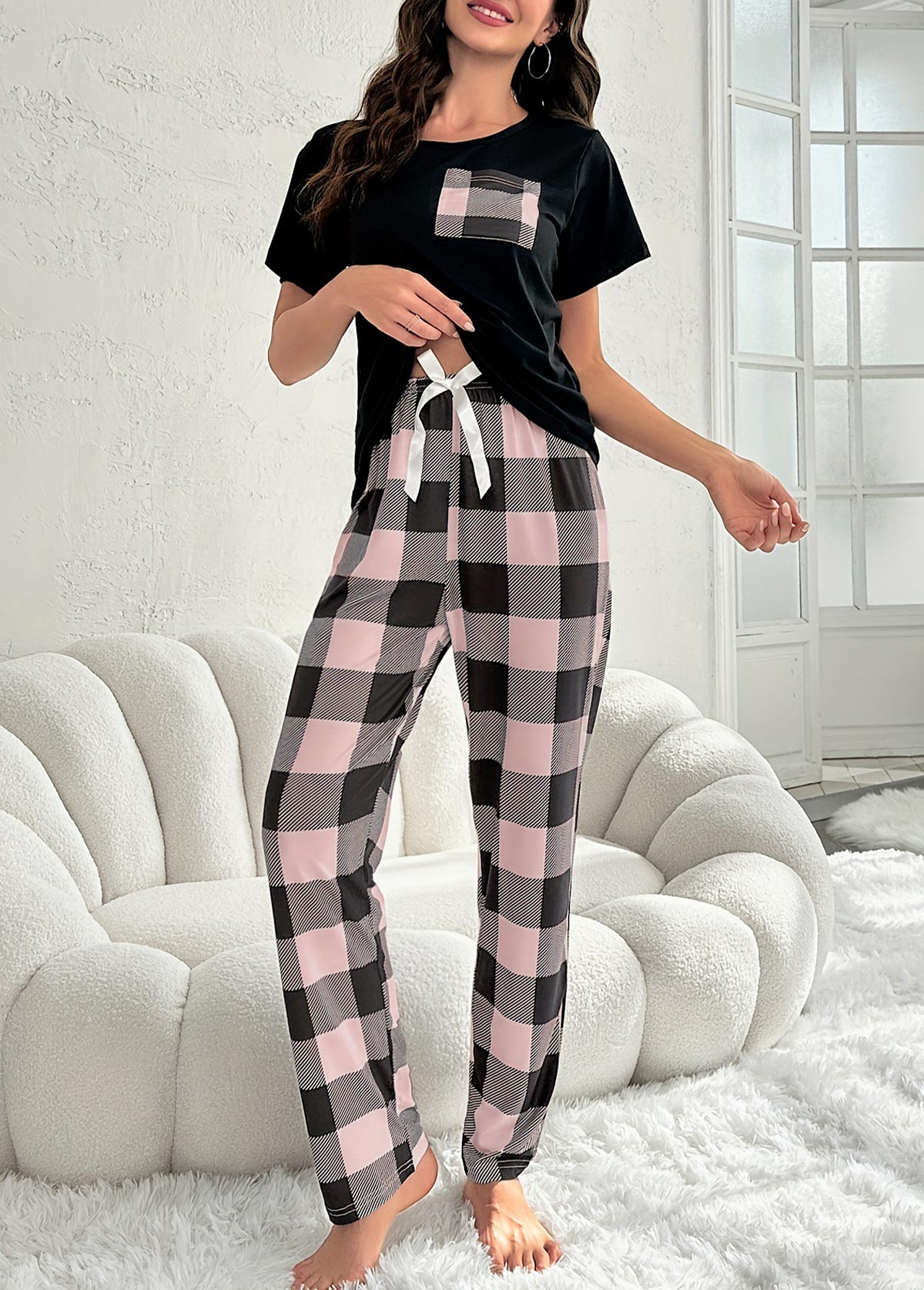 Black loungewear,Plaid loungewear,Plaid Black Round Neck Lounge Top and Pants