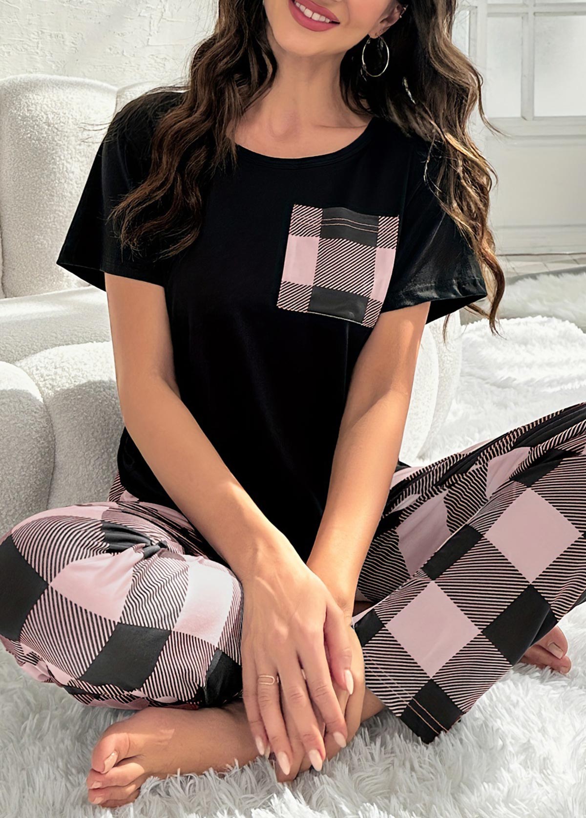 Black loungewear,Plaid loungewear,Plaid Black Round Neck Lounge Top and Pants