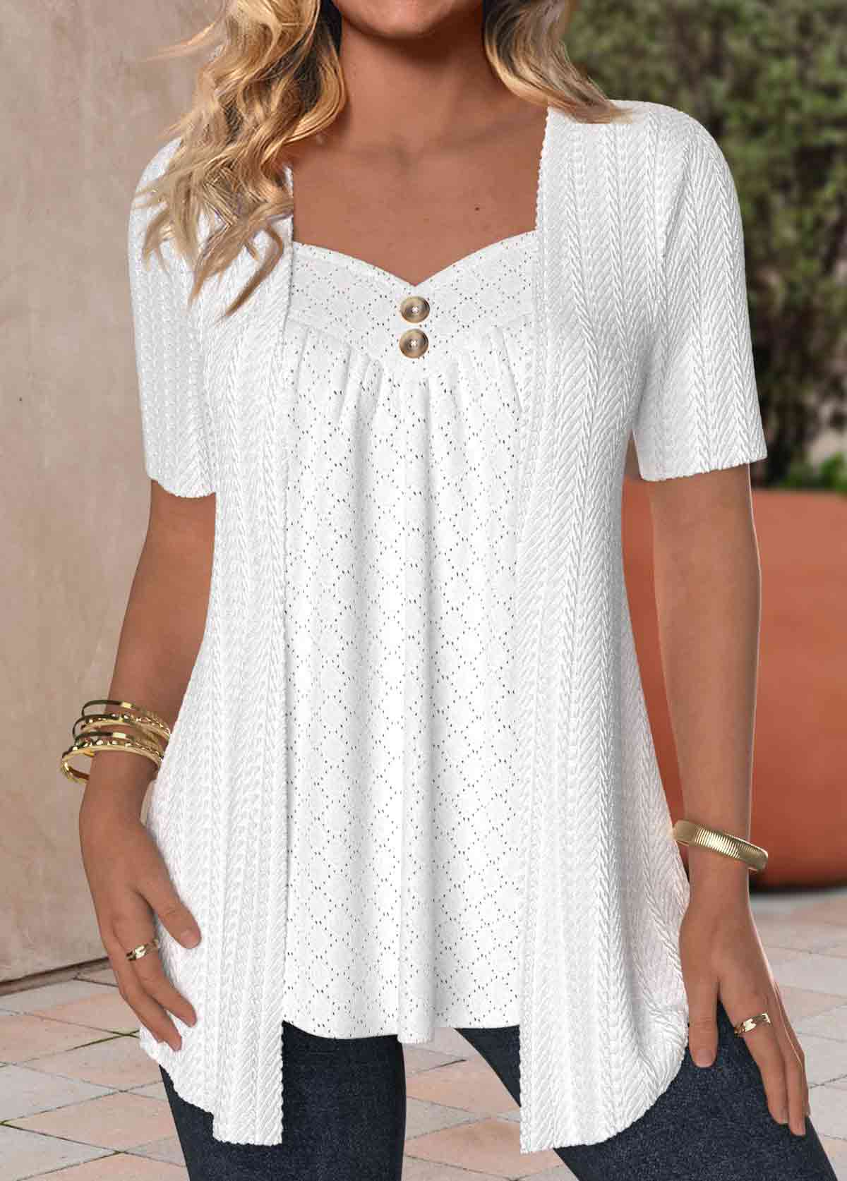 ROTITA Plus Size Textured Fabric White Heart Collar T Shirt