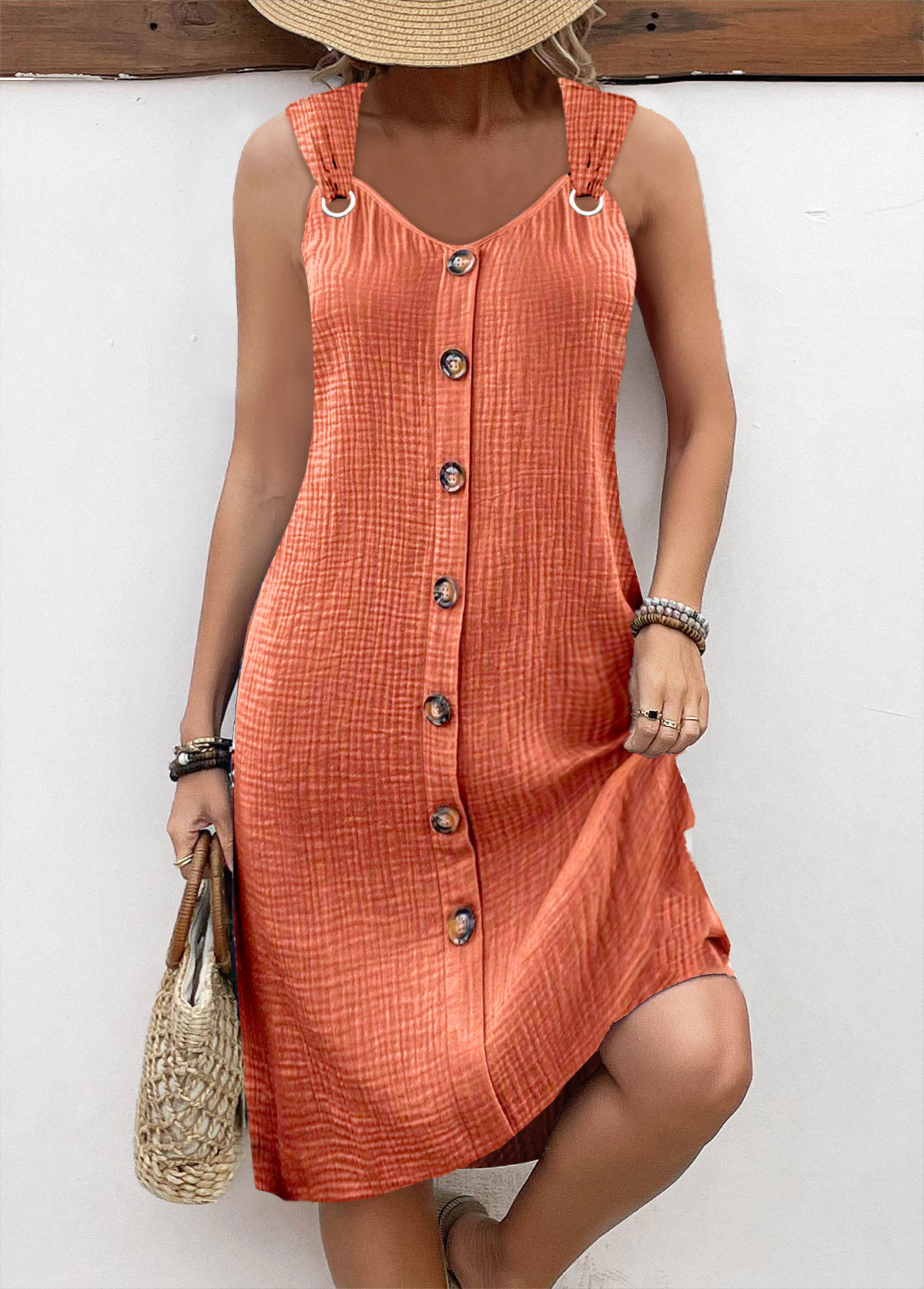 ROTITA Plus Size Breathable Orange A Line V Neck Dress