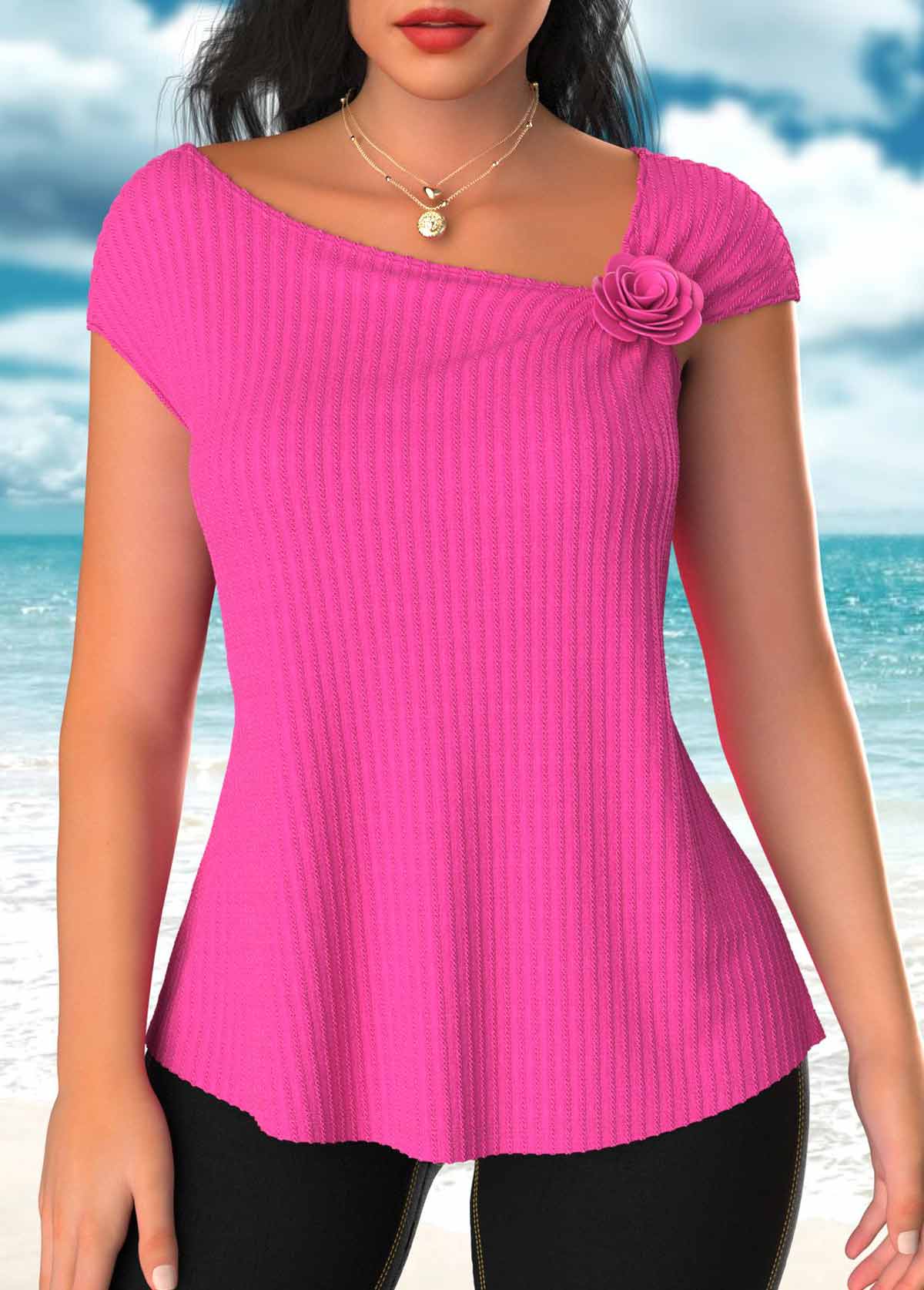 ROTITA Textured Fabric Hot Pink Asymmetrical Neck T Shirt