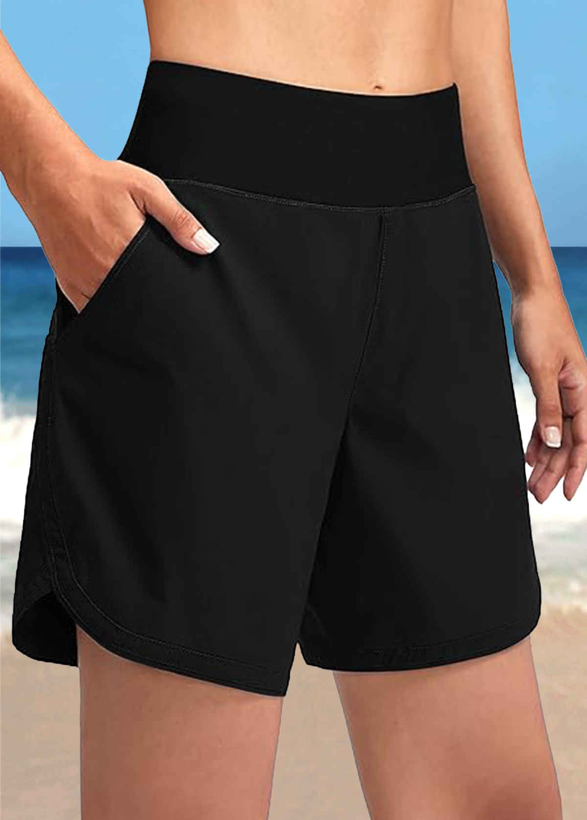 ROTITA Black Pocket Quick Drying Mid Waisted Beach Shorts
