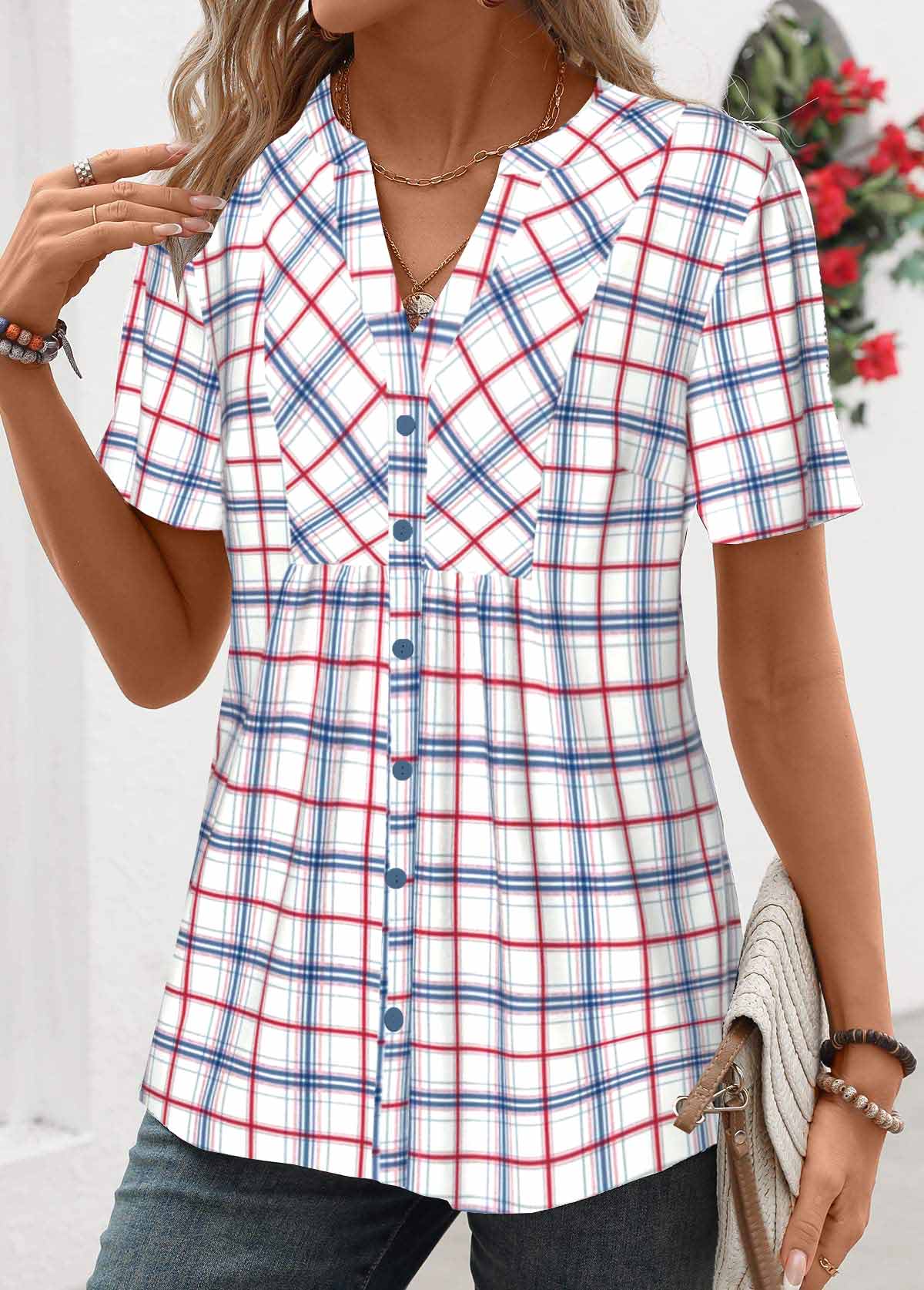 Blue tops,Plaid tops,Striped tops,Geometric tops,ROTITA Patchwork Plaid Blue Split Neck Short Sleeve Shirt