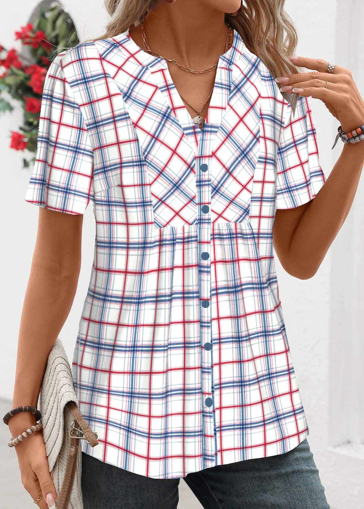 Blue tops,Plaid tops,Striped tops,Geometric tops,ROTITA Patchwork Plaid Blue Split Neck Short Sleeve Shirt