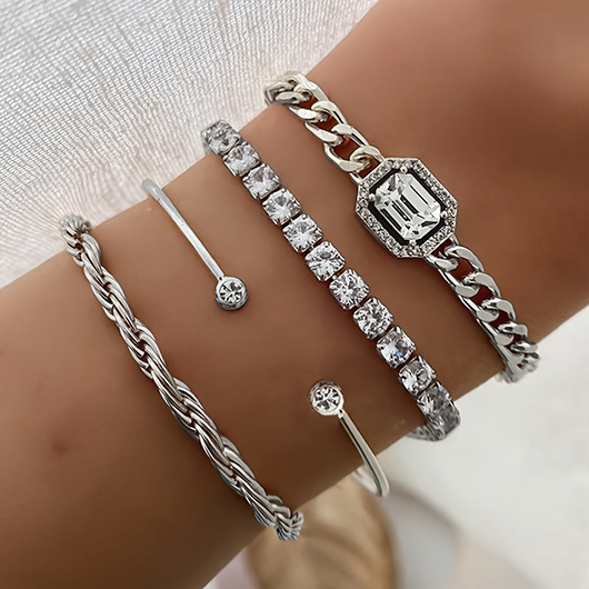 Silvery White Rhinestone Alloy Bracelets Set