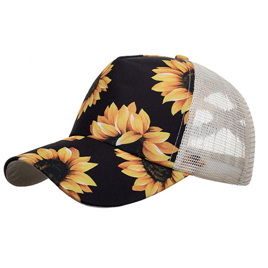 Sunflower Print Black Hat Baseball Cap