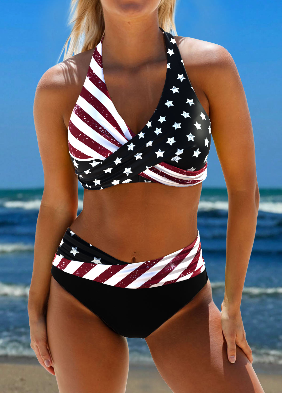 Black swimwear,Flag swimwear,Striped swimwear,Geometric swimwear,ROTITA American Flag Criss Cross Black Star Print Bikini Set
