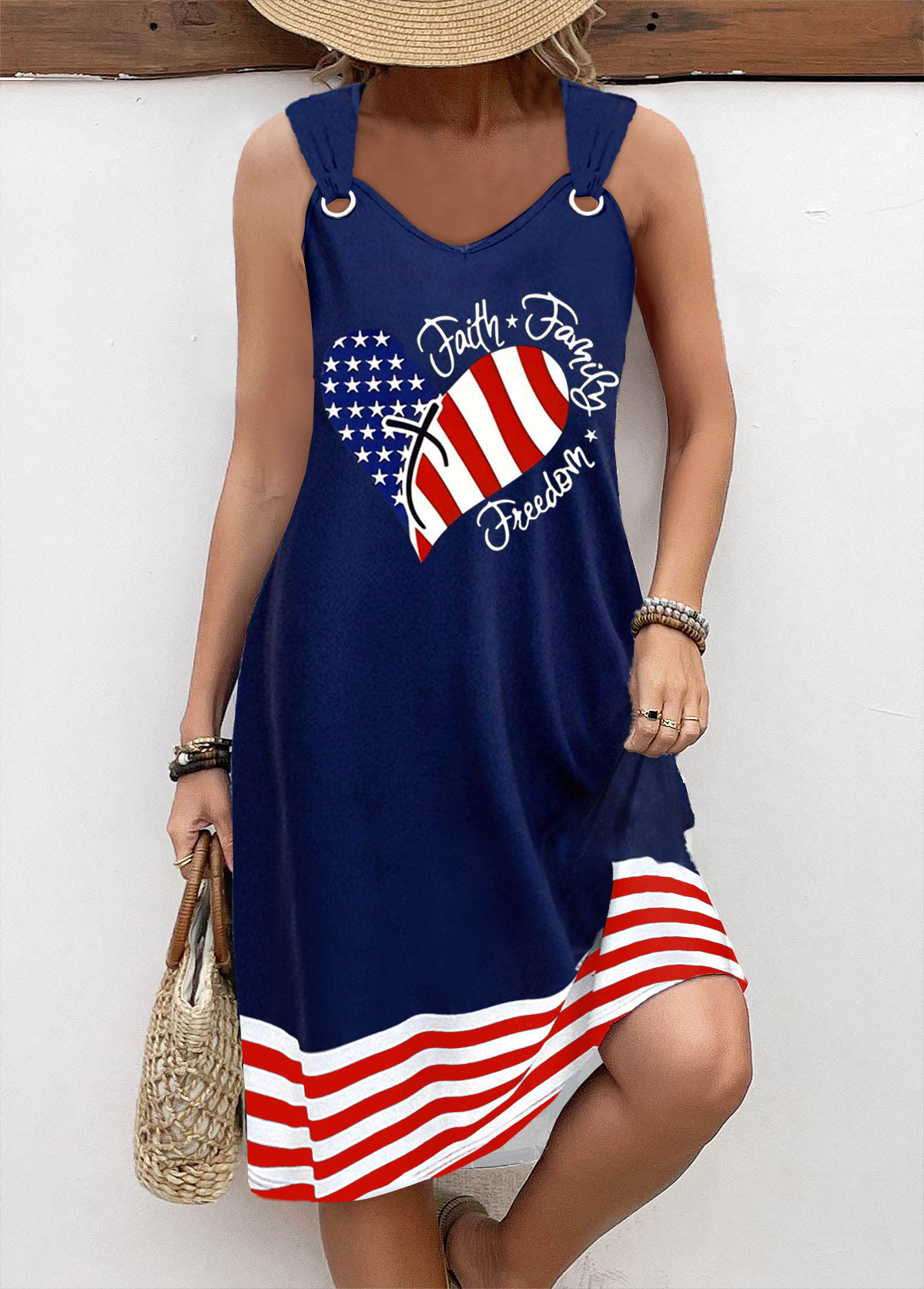 Navy plus size,Flag plus size,Striped plus size,Geometric plus size,Heart plus size,ROTITA American Flag Plus Size Circular Ring Navy Sleeveless Dress
