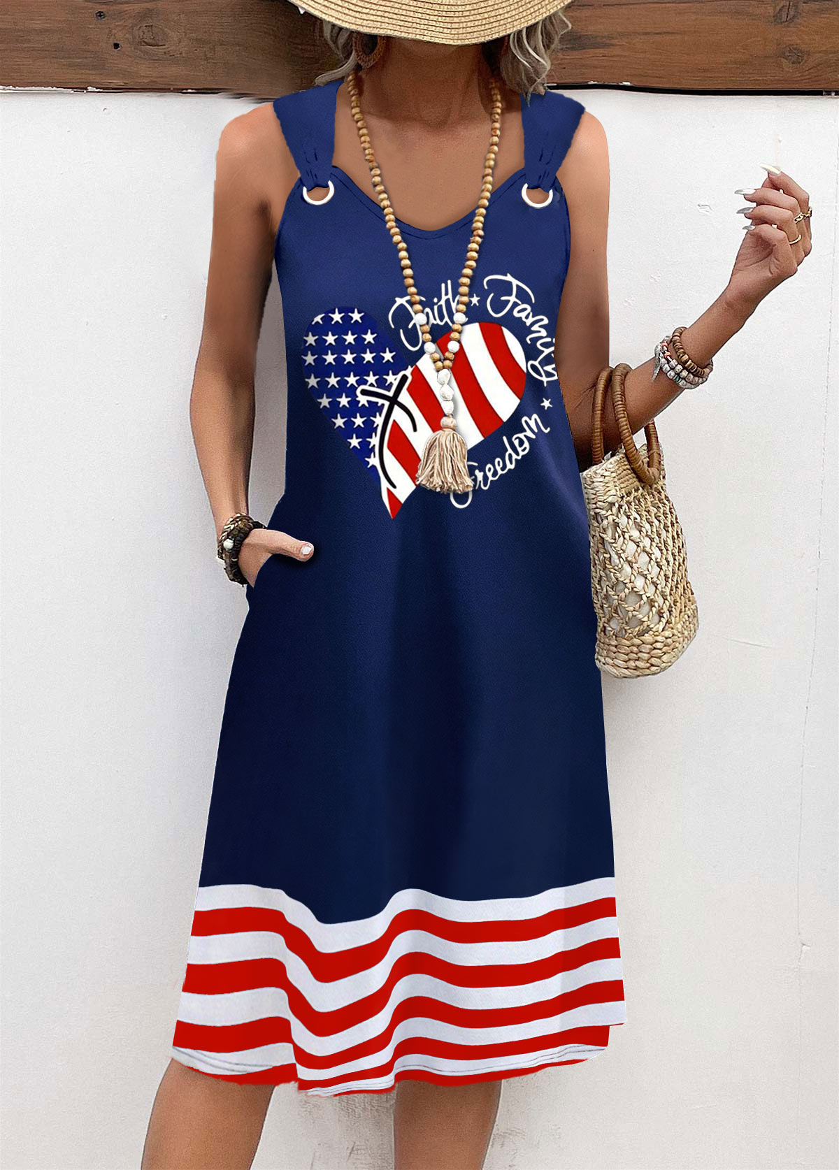 Navy plus size,Flag plus size,Striped plus size,Geometric plus size,Heart plus size,ROTITA American Flag Plus Size Circular Ring Navy Sleeveless Dress