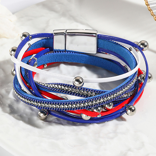 American Flag Blue Faux Leather Contrast Bracelet
