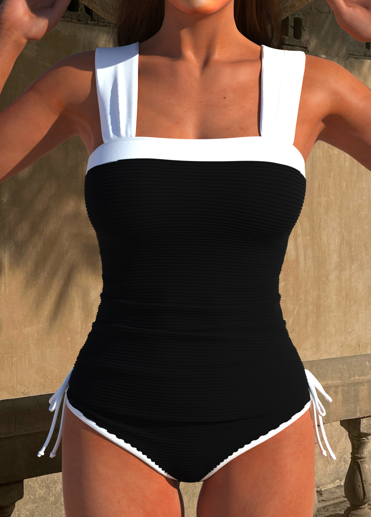 Black swimwear,Contrast Color swimwear,ROTITA Contrast Binding Black Patchwork Tankini Set